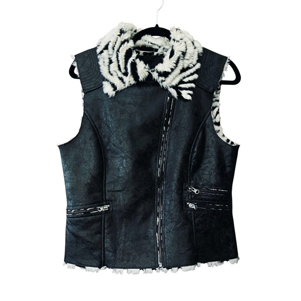 Daytrip faux fur faux leather animal print zip up moto vest